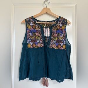 Free People Teal Embroidered Blouse